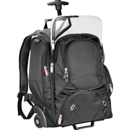 A black wheeled backpack with multiple compartments and a retractable handle. It features a logo on the front.