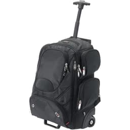 A black wheeled backpack with multiple compartments and a retractable handle. It features zippers and a wheel base.
