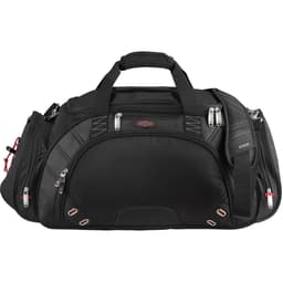A black duffel bag featuring multiple zippers, handles, and a shoulder strap, with a logo on the front.