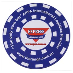 A round blue PVC coaster with white circular patterns and a prominent logo in the centre.