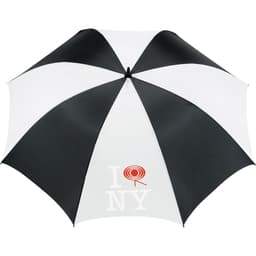 A black and white striped golf umbrella featuring a logo, with a spacious canopy for protection against the elements.
