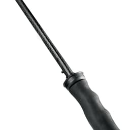 A close-up of a golf umbrella handle with a textured black grip and a sleek shaft. The umbrella has a logo on the handle.