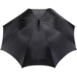 A black golf umbrella with a sturdy design and centre handle, featuring a logo on the underside.
