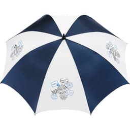 A blue and white promotional golf umbrella featuring various designs and a logo.