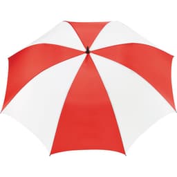 A red and white striped golf umbrella with a central black handle and a branding logo.