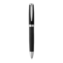 A black metal ballpoint pen with a textured grip and a shiny chrome clip, featuring a branding logo.