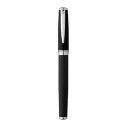A black metal ballpoint pen with a textured grip and a silver clip, featuring a branding logo.