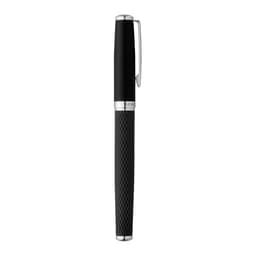 A sleek black ballpoint pen with a textured grip and silver accents, featuring a branding logo.