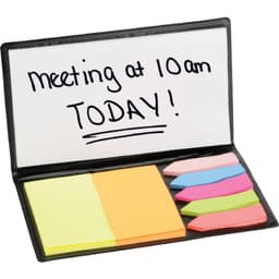 A slimline sticky memo holder with yellow, pink, and blue sticky notes, featuring a writable whiteboard surface.