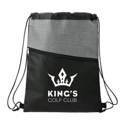 A grey and black drawstring bag with a zippered pocket, featuring a logo.