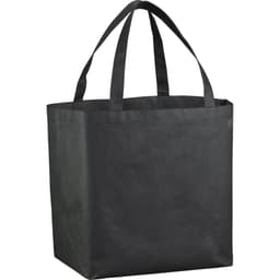 A black non-woven shopper tote bag with two sturdy handles and a spacious interior. It features branding.