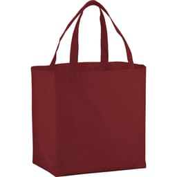 A maroon non-woven shopper tote bag with two handles and a square shape, featuring a logo.