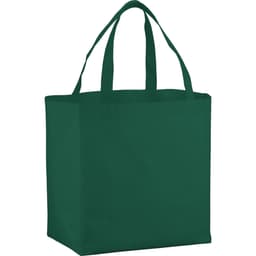 A green non-woven shopper tote with two sturdy handles and a simple design. It features a branding logo.