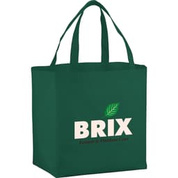 A green non-woven tote bag featuring two handles and a logo on the front.
