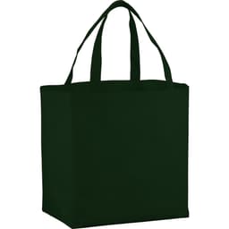 A dark green non-woven shopper tote bag with two handles and a sturdy design. It includes a logo.