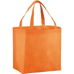 An orange non-woven tote bag with two handles and a square base. It includes a logo on the front.