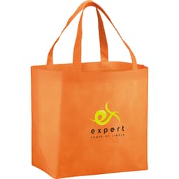 An orange non-woven tote bag with sturdy handles and a logo on the front.
