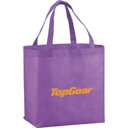 A purple non-woven shopper tote bag with two handles and a logo on the front.