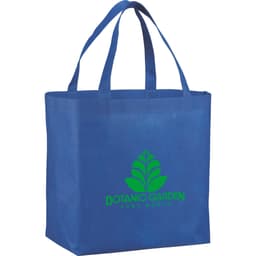 A blue non-woven shopper tote bag with two handles and a logo on the front.
