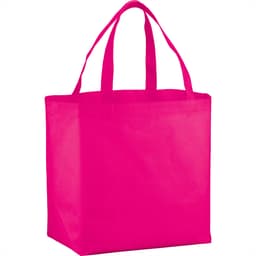 A pink non-woven shopper tote bag with two handles and a square base. It has a logo.