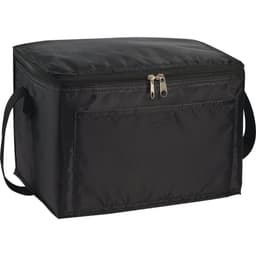 A black cooler bag with a zip closure, featuring side handles and a front pocket. It has a logo on the front.