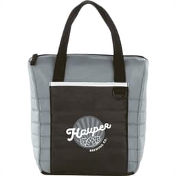 A quilted cooler bag in grey and black, featuring a logo on the front and sturdy handles.