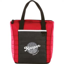A red and black quilted cooler bag with a front pocket and a logo on it, featuring sturdy handles.