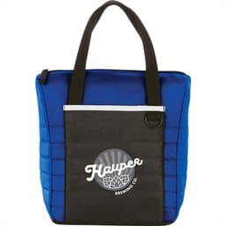 A blue quilted lunch cooler bag with a black front pocket and a logo. It features sturdy black handles.