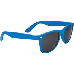 Blue sunglasses with dark lenses and a logo on the arm. Suitable for leisure and outdoor activities.