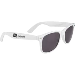 White sunglasses with dark lenses and a logo on the arm, designed for leisure and outdoor activities.