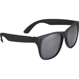 Retro promotional glasses in black with dark lenses, designed for leisure and outdoor activities. Features a logo.