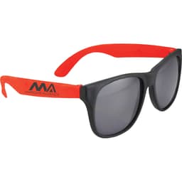 Retro promotional sunglasses with black frames and bright red arms, featuring a logo on one arm.
