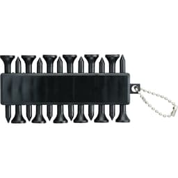 A set of black golf ball markers arranged in a holder with a keychain attachment.