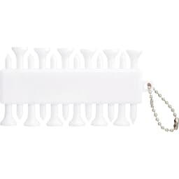 A white golf ball marker set with multiple markers attached to a chain for easy access and organisation.