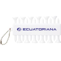 A set of white golf tees attached to a clip with a small chain, featuring a logo on the side.