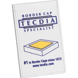 A compact, white pocket mirror with a logo and design featuring a yellow rectangle and text.