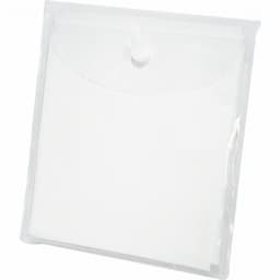A clear plastic pouch with a flap closure. The pouch is empty and displayed on a white background.