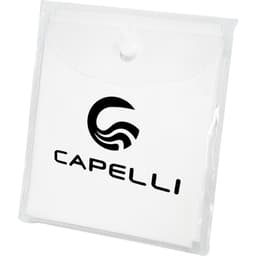 A white disposable poncho packaged in a clear, resealable pouch. The pouch features a logo on the front.