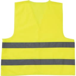 A bright yellow safety vest featuring reflective grey stripes and a simple design. It includes a logo on the front.