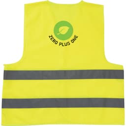 A high-visibility yellow safety vest with grey reflective stripes and a logo on the back.