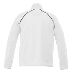 A white packable jacket with long sleeves and a high collar, featuring a logo on the back.