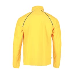 A yellow packable jacket for men with a collar and reflective detailing on the back, featuring a logo.