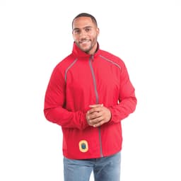 A red packable jacket for men with a zip front and a logos, featuring contrasting stitching.