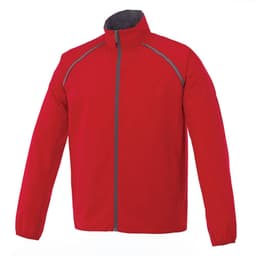 A red packable jacket for men with a zip front and grey detailing, featuring a collar and elastic cuffs.