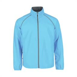 A light blue packable jacket for men with a high collar and grey accents. It features a full front zip and elastic cuffs.