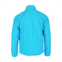 A blue packable jacket for men featuring a simple design and a logo on the back.