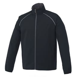 A packable men's jacket in black with grey detailing and a zippered front. Features a logo on the design.