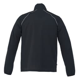 A black men's packable jacket with a high collar and reflective detailing at the shoulders, featuring logo branding.