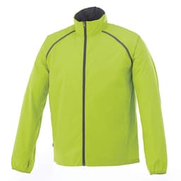 A bright green men's packable jacket with a zip front and high collar, featuring a logo on the chest.