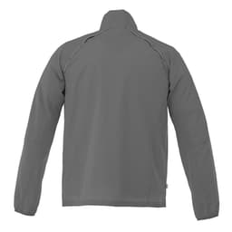 A grey packable jacket for men with long sleeves and a high collar, featuring a logo on the back.